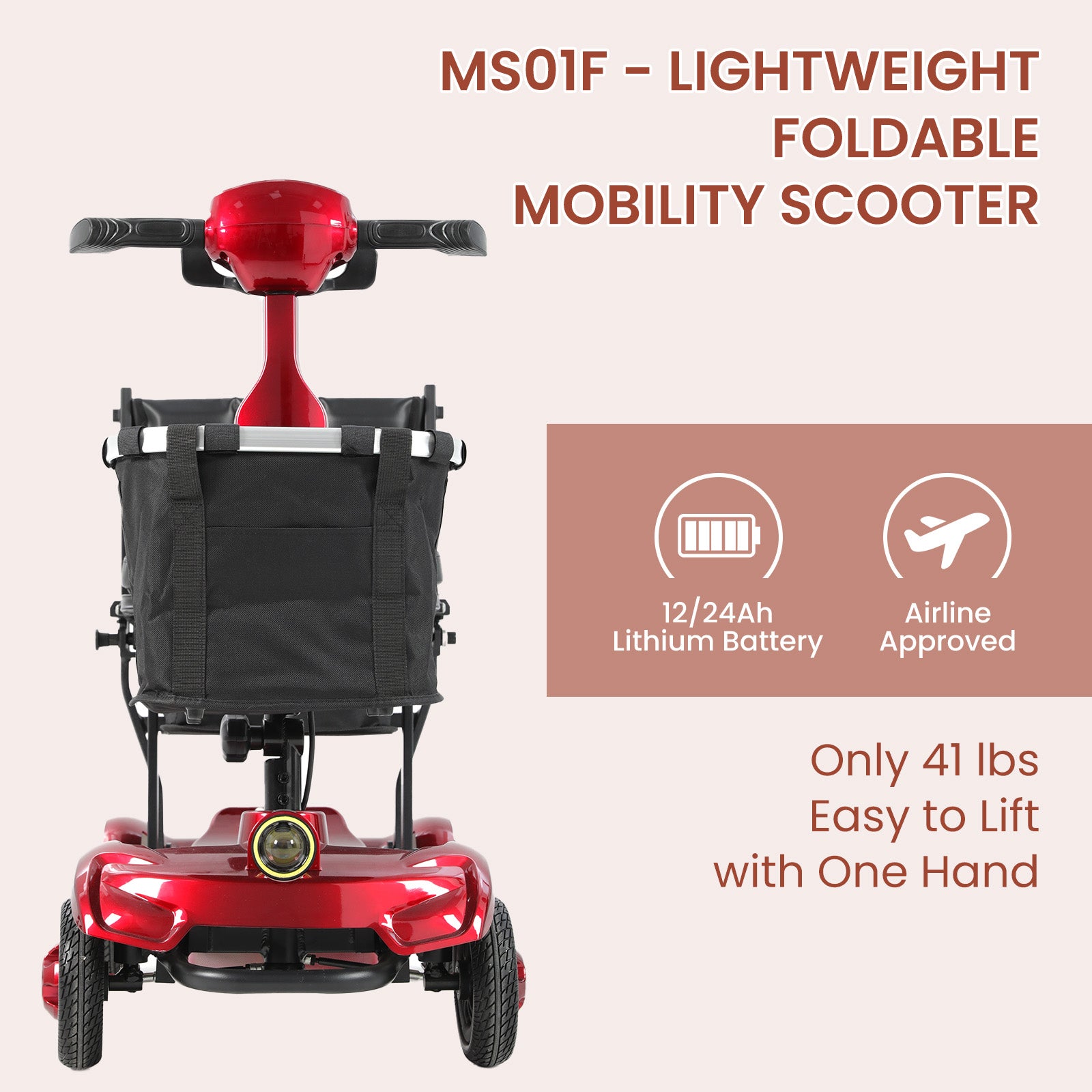 Mobigogo™ MS01 F Lightweight Mobility Scooter, 41 lbs, 12/24 Mile Range, 300 lbs Capacity, LED Light & Triple Storage