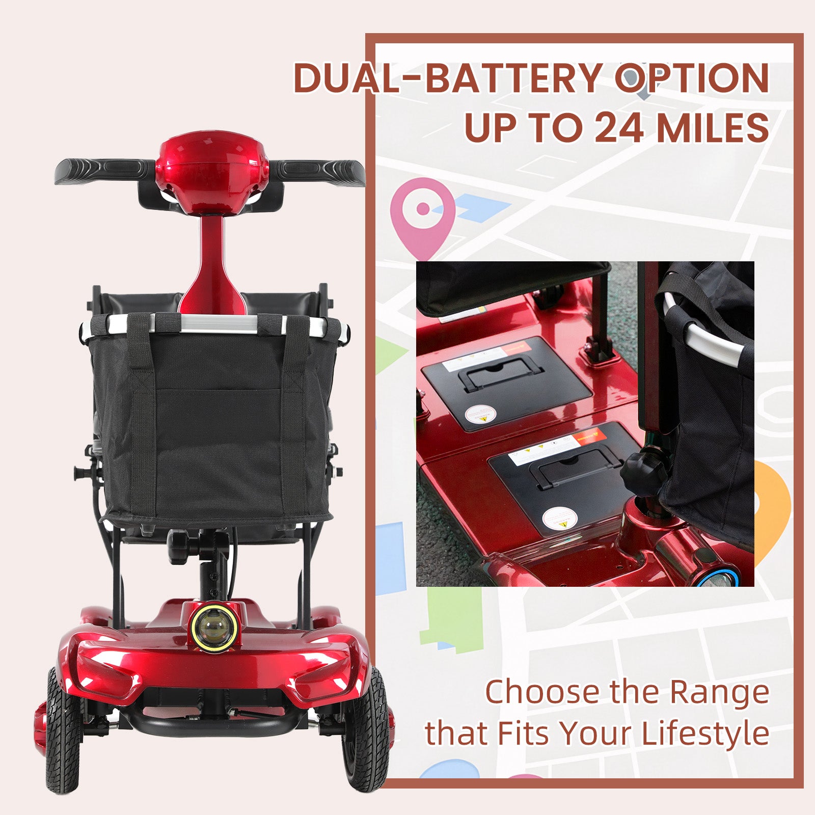 Mobigogo™ MS01 F Lightweight Mobility Scooter, 41 lbs, 12/24 Mile Range, 300 lbs Capacity, LED Light & Triple Storage