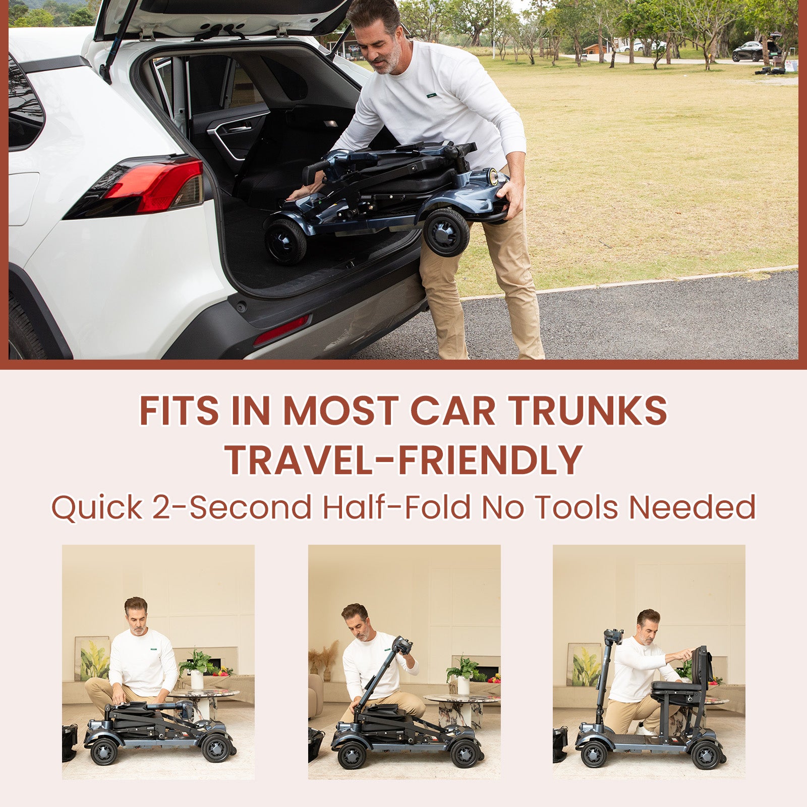 Mobigogo™ MS01 F Lightweight Mobility Scooter, 41 lbs, 12/24 Mile Range, 300 lbs Capacity, LED Light & Triple Storage