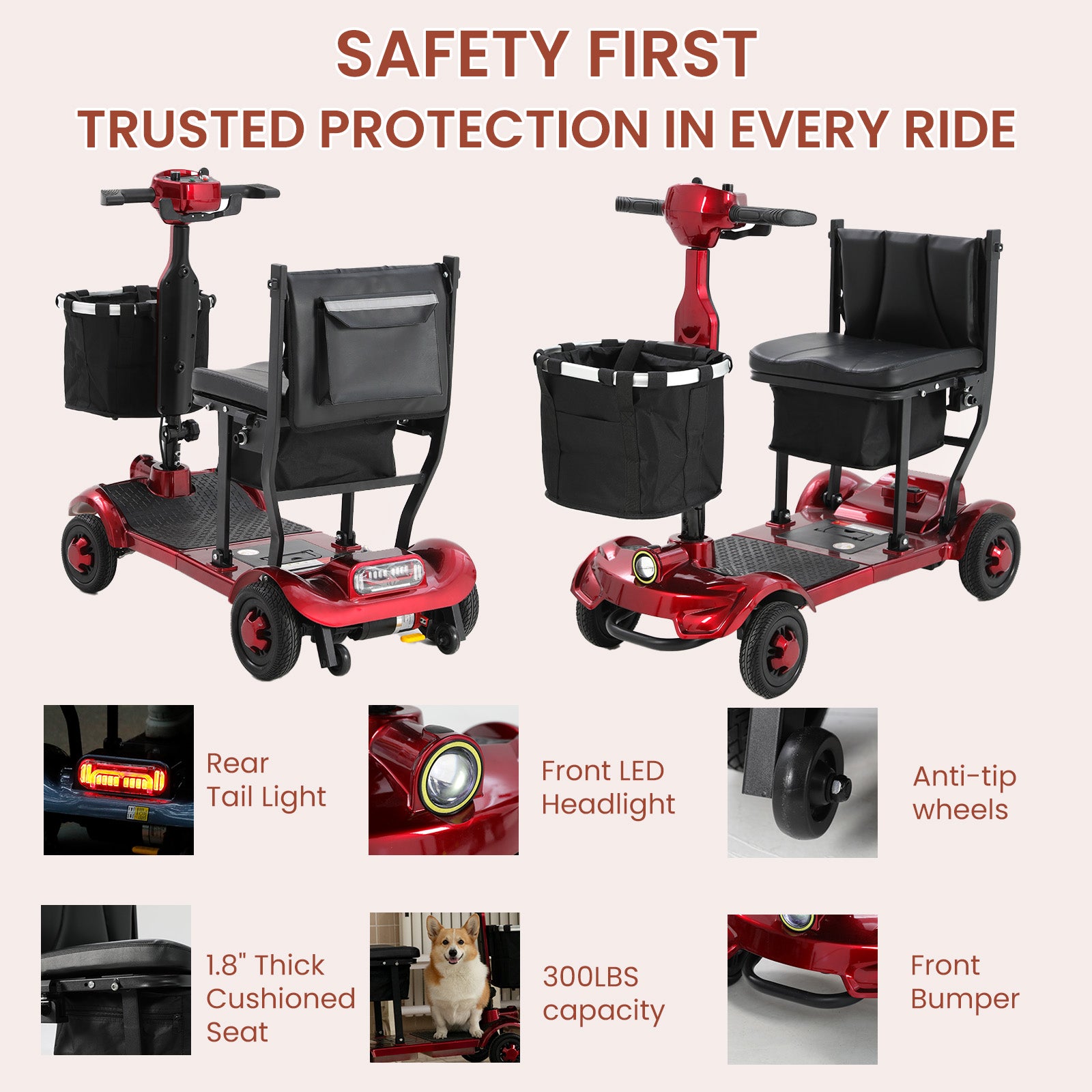 Mobigogo™ MS01 F Lightweight Mobility Scooter, 41 lbs, 12/24 Mile Range, 300 lbs Capacity, LED Light & Triple Storage