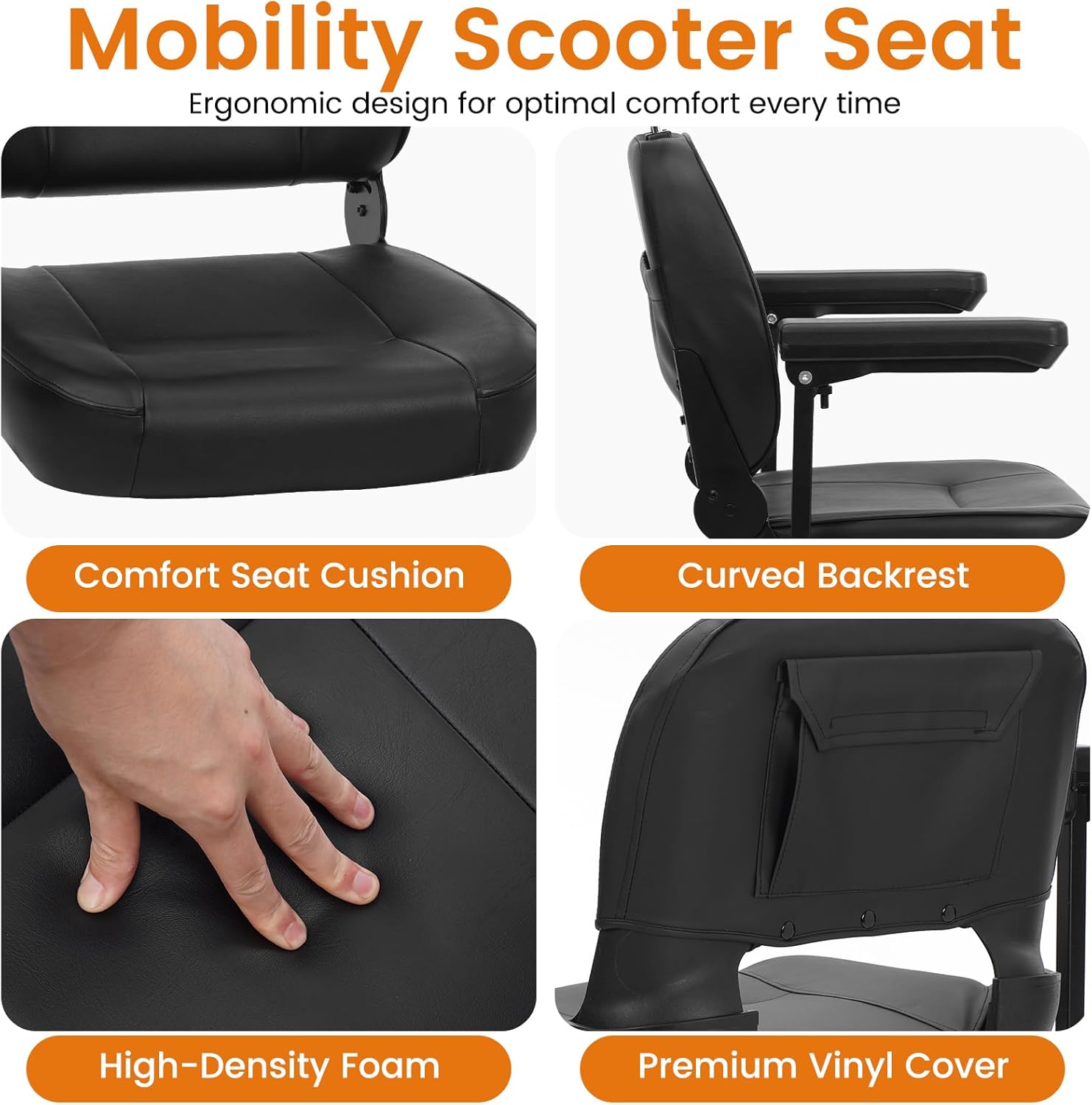 Mobigogo High Back Mobility Scooter Seat - Ergonomic Adjustable Headrest, 10cm Cushion, Foldable for Easy Transportation, Fits MS02/MS02 Pro Mobility Scooters.