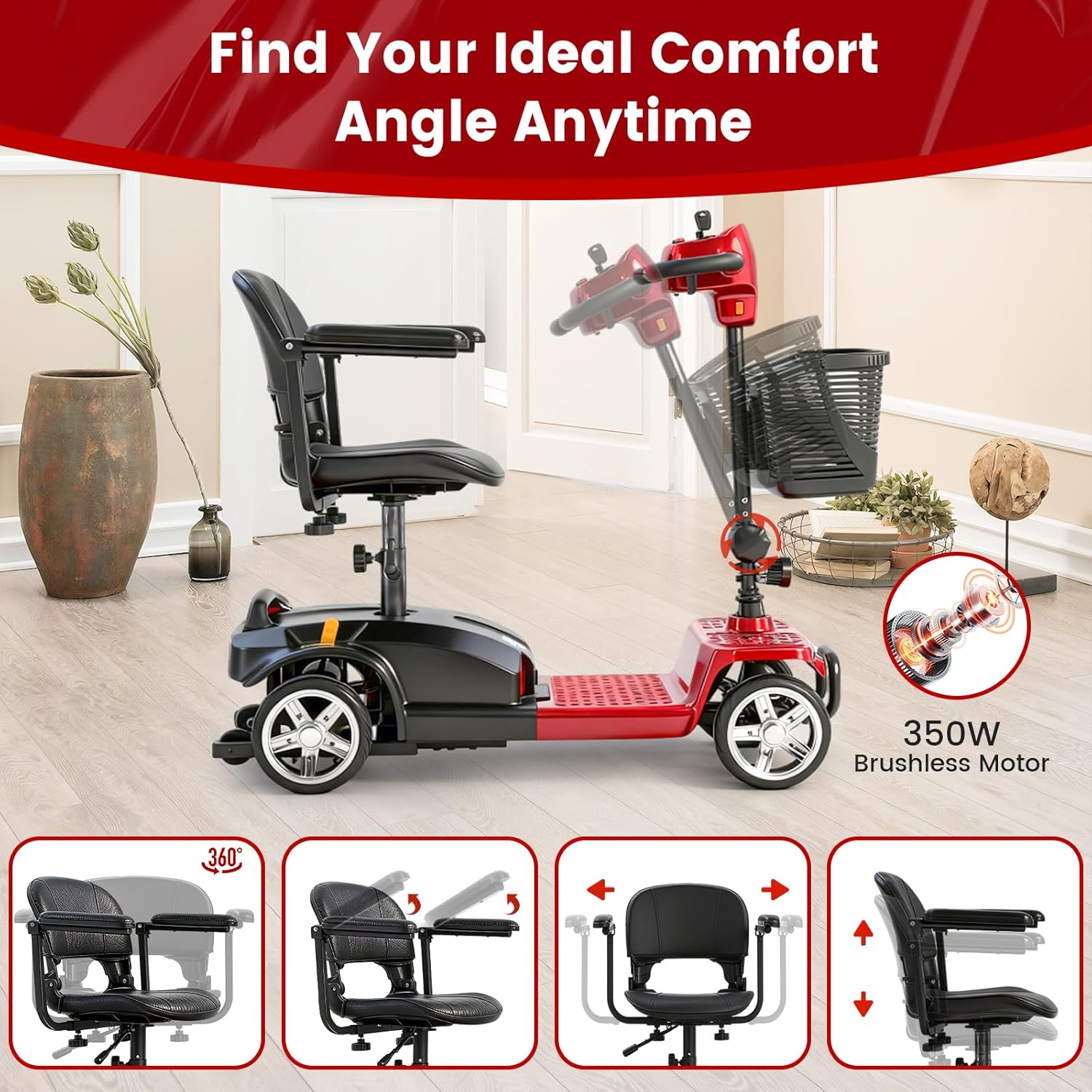 Mobigogo M1 4-Wheel Mobility Scooter for Adults & Seniors, 15-Mile Range, 350W Motor, 8" Tires, Dual Baskets, Compact Portable Design