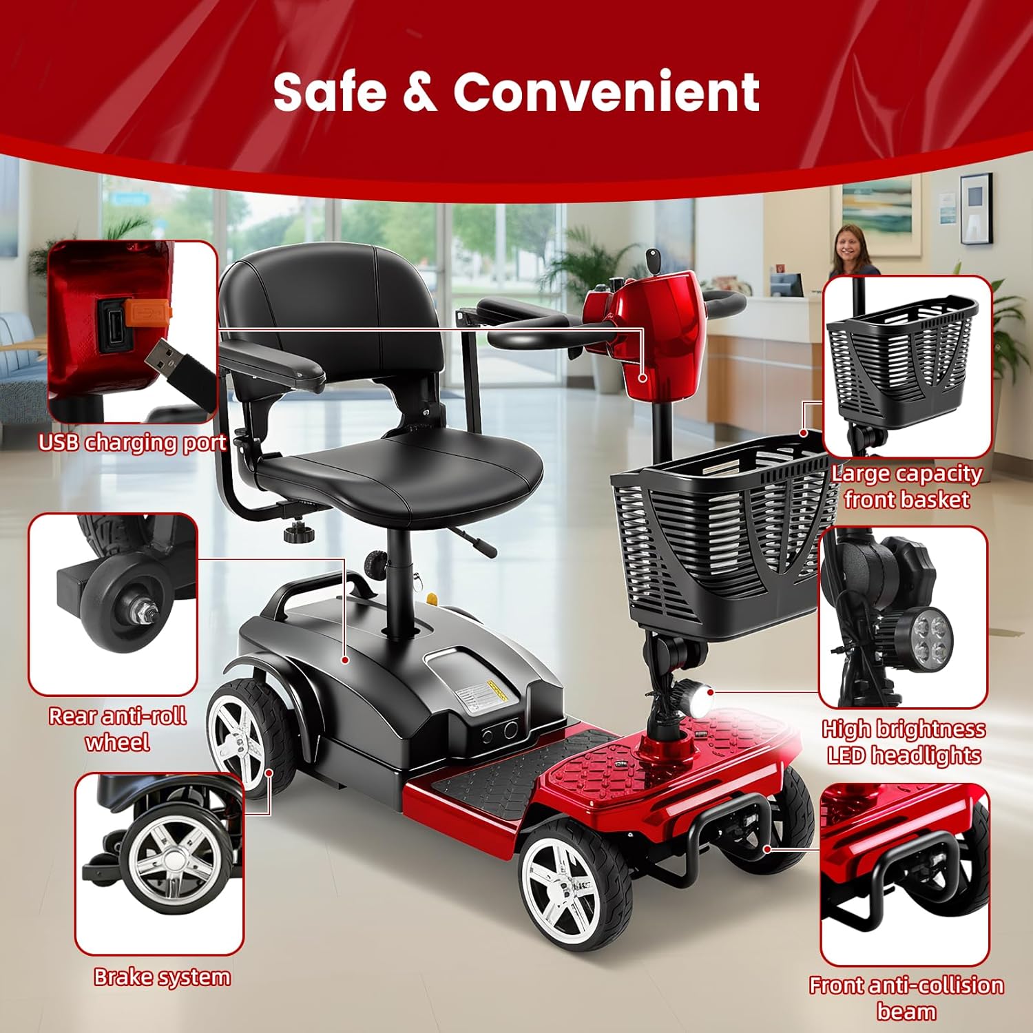 Mobigogo M1 4-Wheel Mobility Scooter for Adults & Seniors, 15-Mile Range, 350W Motor, 8" Tires, Dual Baskets, Compact Portable Design