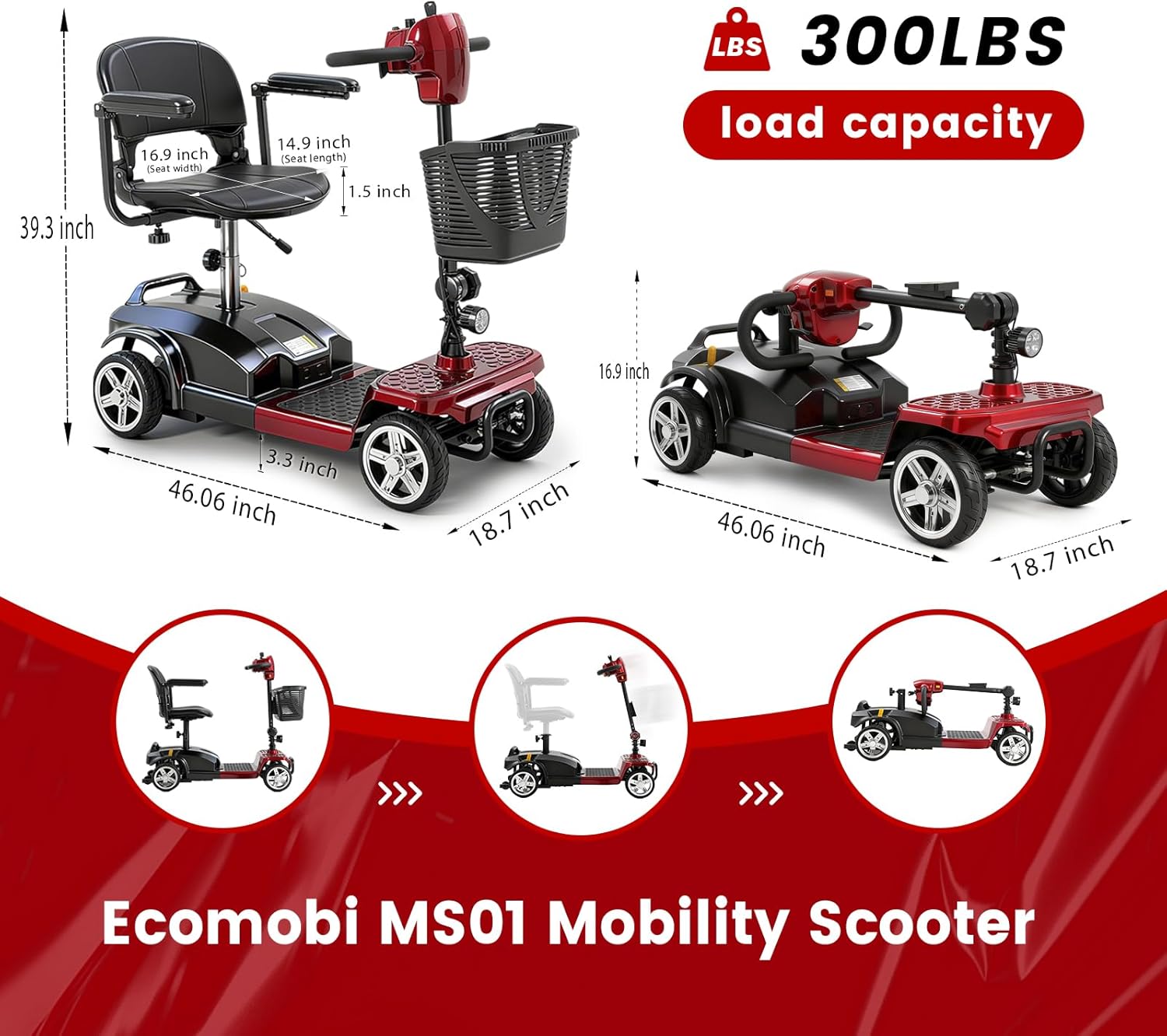 Mobigogo M1 4-Wheel Mobility Scooter for Adults & Seniors, 15-Mile Range, 350W Motor, 8" Tires, Dual Baskets, Compact Portable Design