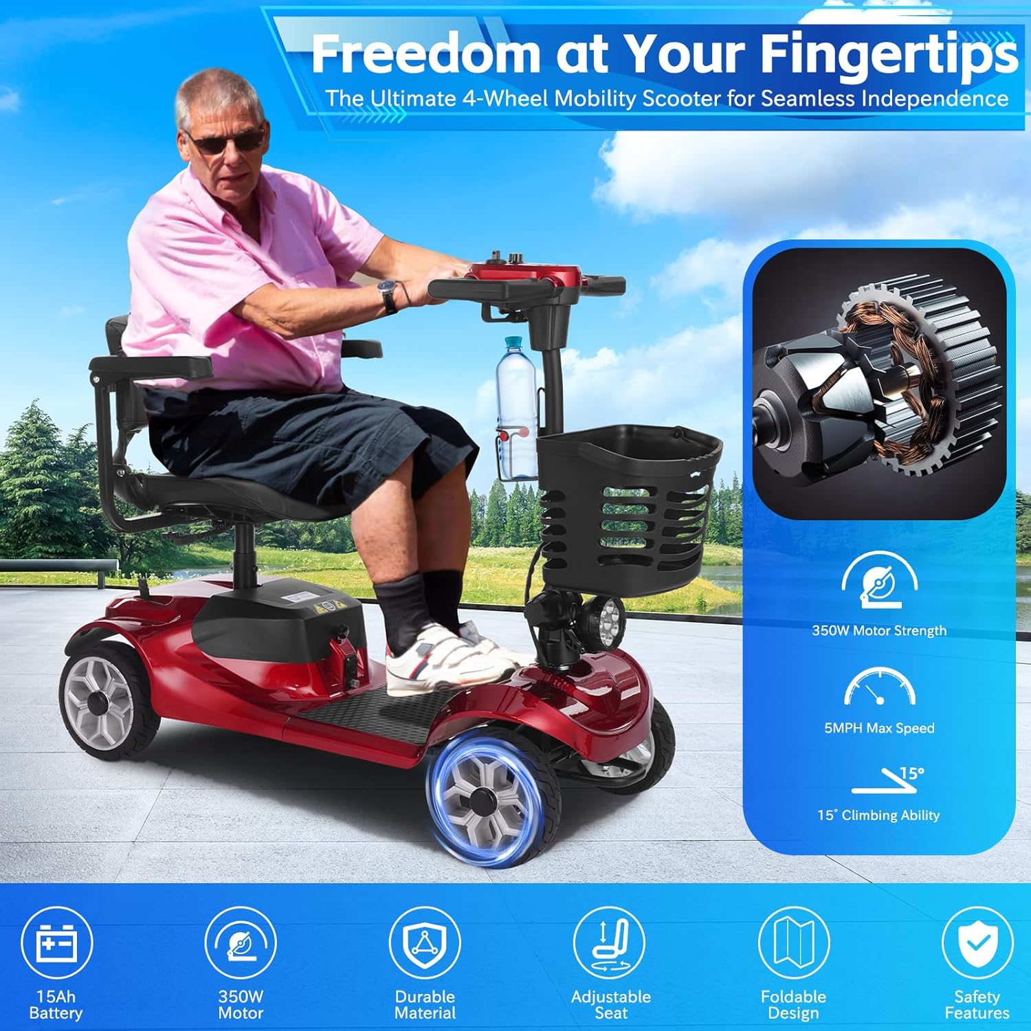 Mobigogo MS01 4-Wheel Foldable Mobility Scooter for Seniors – 15-Mile Range | 300 lbs Capacity
